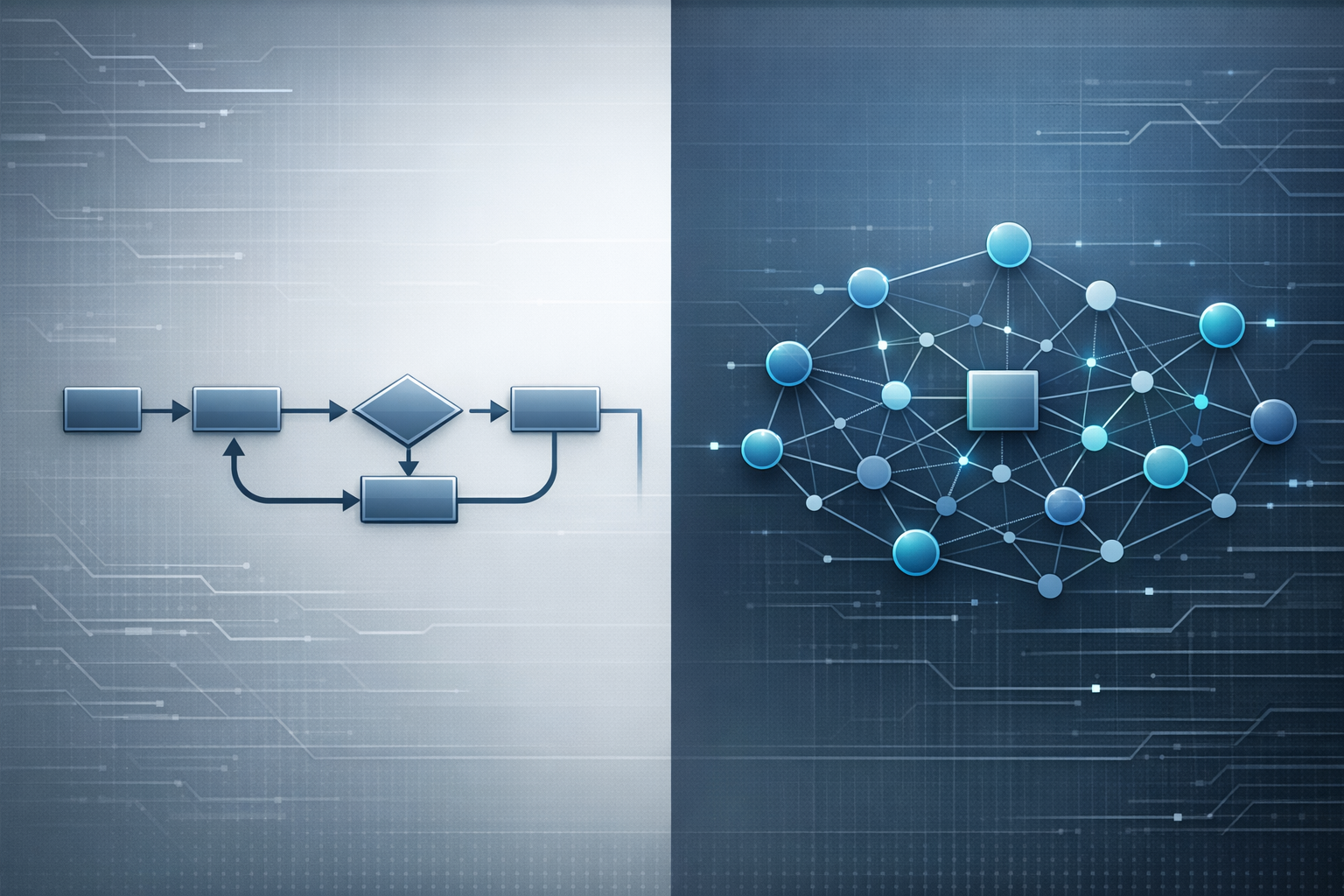 Comparison of a mostly linear workflow with loop-backs versus an interconnected decision graph
